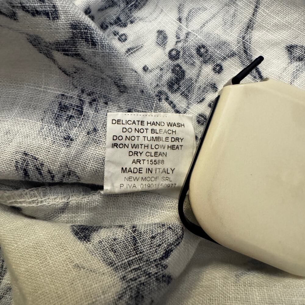 Italian Linen Trapeze Dress Ecru Blue Toile Floral Tie Neck Lined S/M Resort - Picture 6 of 14